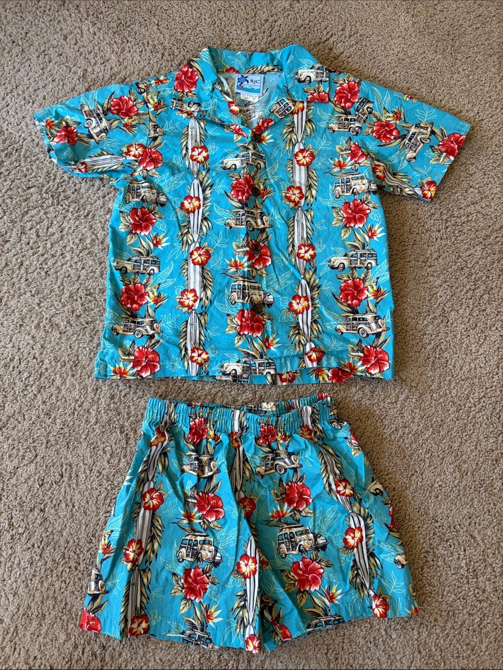 Boys 2 pc set Hawaiian Tropical button down and shorts Aqua Blue size 7